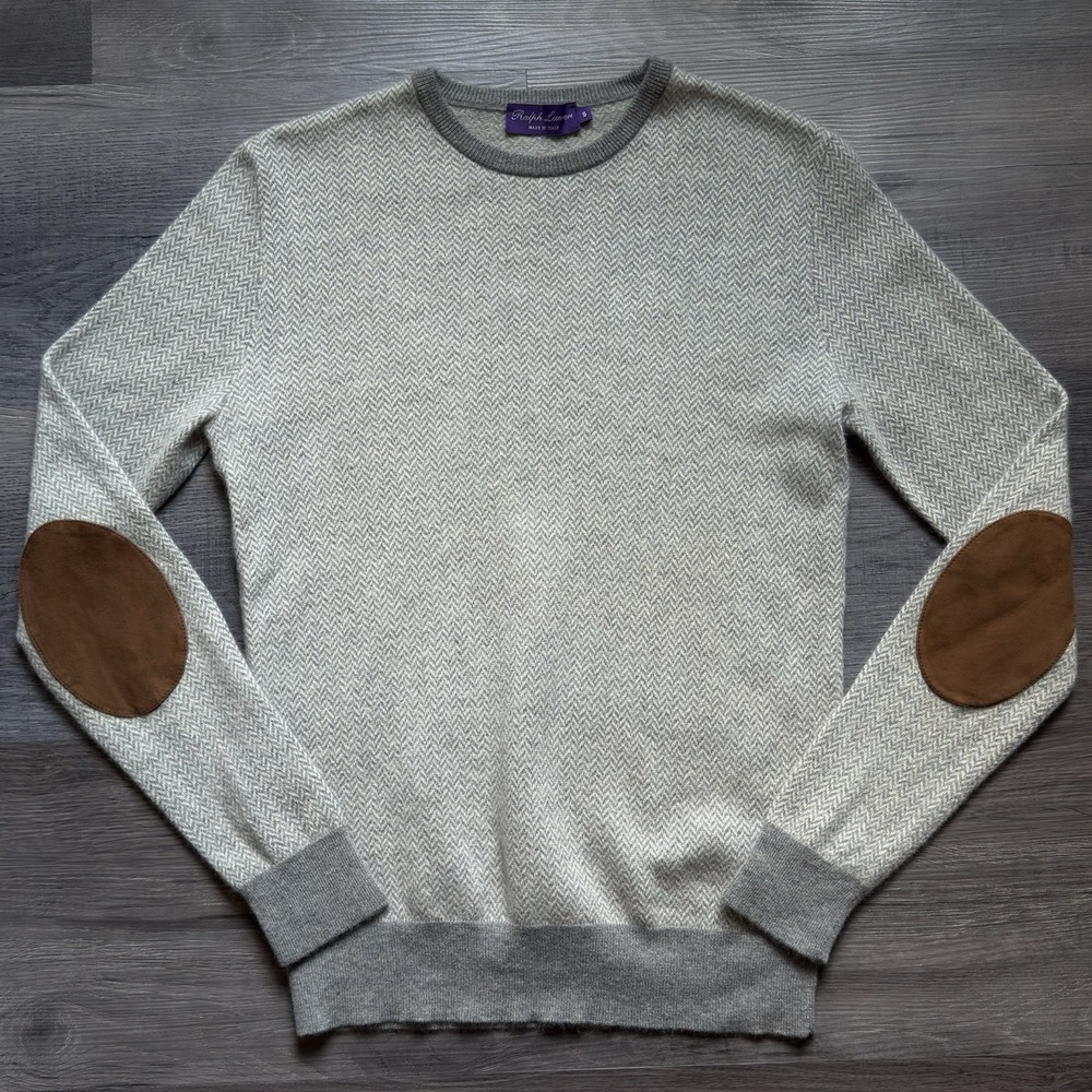 Ralph Lauren Purple Label Cashmere Sweater Size S Gray Herringbone Suede Elbow